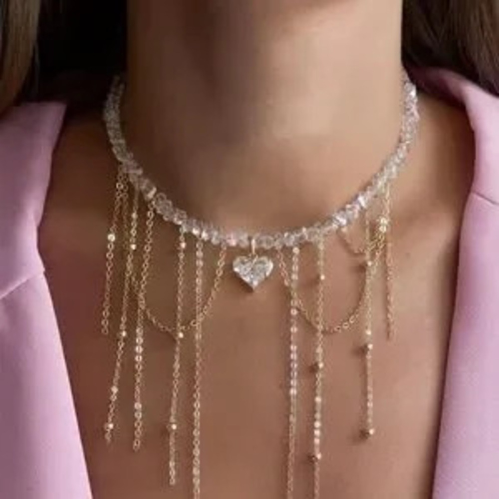 Gorgeous heart Crystal Tassel Heart Beaded Necklace